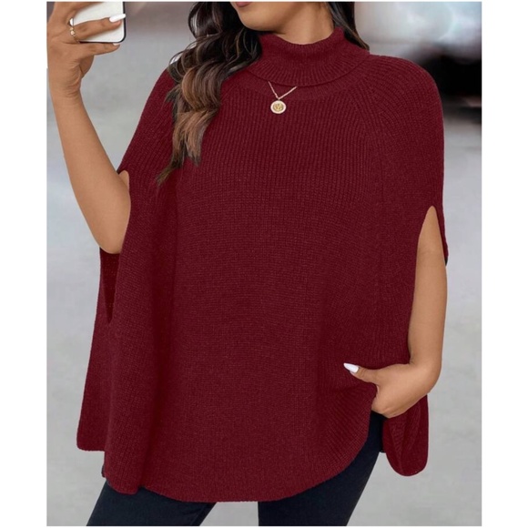 Cozy Ribbed Turtleneck Minimalist Poncho Sweater Top - Picture 2 of 7